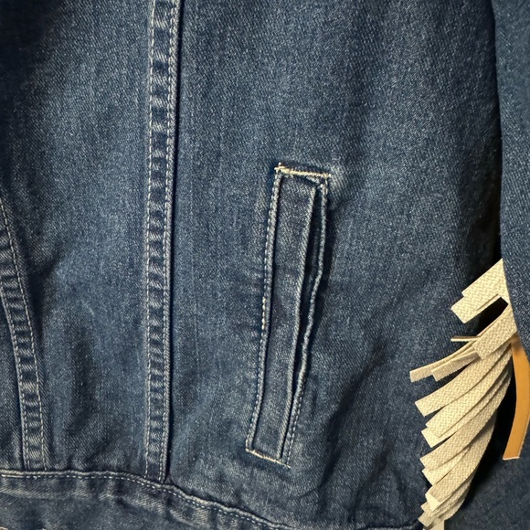 Thunderbird Print Jean Jacket Vegan Leather Fringe Colorful Eagle Western Boho - Picture 2 of 15